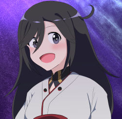 Rule 34 | 1girl, :d, black hair, blush, grey eyes, hair between eyes, highres, japanese clothes, long hair, long sleeves, looking at viewer, luminous witches, night, night sky, nishisugi tomomi, open mouth, sky, smile, solo, star (sky), starry sky, upper body, wanwan 0301, world witches series