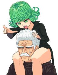 Rule 34 | 1boy, 1girl, bang (onepunch man), facial hair, highres, long sleeves, md5 mismatch, mustache, nokohe, old, old man, one-punch man, open mouth, pointing, simple background, sitting on shoulders, sweat, sweatdrop, tatsumaki, white background