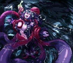 Rule 34 | 1girl, blush, breasts, colored skin, commentary request, hair ornament, highres, large breasts, looking up, medium breasts, mindflayer (monster girl encyclopedia), monster girl, monster girl encyclopedia, multicolored hair, nude, open mouth, purple hair, purple skin, solo, standing, tagme, tentacle hair, tentacles, udetamago, yellow eyes