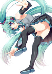 Rule 34 | 1girl, ass, bad id, bad pixiv id, blue eyes, boots, detached sleeves, green hair, hatsune miku, headset, long hair, necktie, simple background, skirt, solo, spring onion, thigh boots, thighhighs, twintails, very long hair, vocaloid, white background, yatsu (sasuraino)