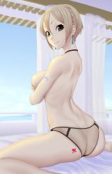 Rule 34 | 1girl, ass, ass tattoo, back, blonde hair, braid, breasts, butt crack, choker, closed mouth, commentary request, dolphin, earrings, gishu, heart, heart tattoo, highres, idolmaster, idolmaster cinderella girls, jewelry, large breasts, looking at viewer, looking back, panties, see-through, shiomi syuko, short hair, smile, solo, tattoo, topless, underwear, yellow eyes