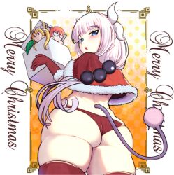 1girl ass blue_eyes blush border box capelet christmas cowboy_shot dragon_horns from_behind gloves horns kanna_kamui kobayashi-san_chi_no_maidragon kobayashi_(maidragon) looking_back low_twintails merry_christmas mikado_ryouma open_mouth orange_background panties purple_hair red_gloves red_panties solo standing stuffed_toy tail tohru_(maidragon) twintails underwear white_border