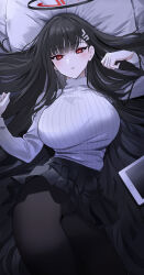 Rule 34 | 1girl, absurdres, black hair, black leggings, black skirt, blue archive, breasts, contrapposto, halo, hand in own hair, highres, ipad, large breasts, leggings, light blush, long hair, long sleeves, looking at viewer, lying, mechanical halo, miniskirt, on back, on bed, parted lips, pillow, pleated skirt, red eyes, ribbed sweater, rio (blue archive), skirt, solo, sweater, tablet pc, thighs, turtleneck, turtleneck sweater, upper body, very long hair, white sweater, yuki (asayuki101)