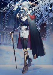 Rule 34 | 1boy, black cape, black legwear, blue hair, blurry, blurry background, brown eyes, bug, butterfly, cane, cape, grey hair, hair over one eye, hand up, highres, insect, long sleeves, looking at viewer, male focus, pants, parted bangs, pixiv fantasia, pixiv fantasia last saga, rezia, snow, solo, standing, vest, white butterfly, white vest