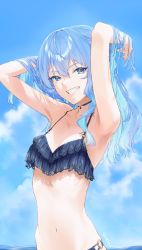 Rule 34 | 1girl, absurdres, aqua hair, armpits, arms up, artist name, bikini, blue bikini, blue eyes, blue hair, blue sky, breasts, clenched teeth, colored inner hair, commentary request, day, esc1 2d, frilled bikini, frills, highres, hololive, hoshimachi suisei, lace trim, long hair, looking at viewer, multicolored hair, navel, o-ring, o-ring bikini, outdoors, shadow, sidelocks, sky, small breasts, solo, stomach, swimsuit, teeth, upper body, virtual youtuber, wading, water