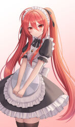 Rule 34 | 1girl, alternate costume, apron, back bow, black bow, black bowtie, black dress, black thighhighs, bow, bowtie, closed mouth, dress, enmaided, gradient background, hair between eyes, highres, long hair, maid, maid apron, maid headdress, red eyes, red hair, seungju lee, shakugan no shana, shana, short sleeves, sidelocks, simple background, solo, standing, thighhighs, twintails, white bow, zettai ryouiki