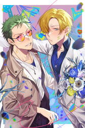 Rule 34 | 2boys, absurdres, black pants, blonde hair, blue eyes, blue shirt, body writing, bouquet, brown coat, coat, collarbone, collared shirt, dongju azuma, earrings, facial hair, falling petals, flower, formal, green hair, grin, hair over one eye, hand around waist, highres, holding, holding bouquet, jewelry, kabedon, looking at viewer, male focus, multiple boys, necklace, one eye closed, one piece, pants, petals, polka dot, polka dot shirt, roronoa zoro, sanji (one piece), scar, scar across eye, semi-rimless eyewear, shirt, short hair, simple background, smile, suit, sunglasses, t-shirt, undershirt, white shirt, white suit