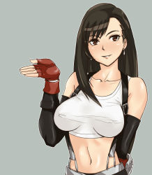 Rule 34 | 1990s (style), 1girl, bad id, bad pixiv id, bare shoulders, black hair, blush, breasts, brown eyes, earrings, elbow gloves, female focus, final fantasy, final fantasy vii, fingerless gloves, gloves, gus (clarkii), jewelry, long hair, midriff, navel, retro artstyle, shirt, skirt, solo, suspender skirt, suspenders, tank top, taut clothes, taut shirt, tifa lockhart
