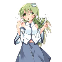 Rule 34 | 1girl, arms up, blue skirt, blush, breasts, commentary request, cowboy shot, cycloneyukari, detached sleeves, fingernails, frog hair ornament, green eyes, green hair, hair between eyes, hair ornament, hair tubes, impossible clothes, impossible shirt, kochiya sanae, long hair, looking at viewer, medium breasts, mini bottle, mouth hold, navel, shirt, simple background, skirt, smile, snake hair ornament, solo, standing, touhou, very long hair, white background, white shirt