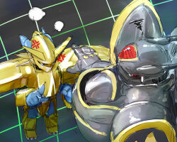 Rule 34 | alphamon, angry, armor, digicore interface, digimon, digimon (creature), full armor, looking at another, magnamon