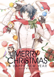 Rule 34 | 1boy, black gloves, black hair, blurry, blush, bow, character doll, christmas, christmas lights, christmas ornaments, depth of field, final fantasy, final fantasy xv, gift, gladiolus amicitia, gloves, hat, unworn hat, unworn headwear, ignis scientia, looking at viewer, lying, male focus, mintgreen0913, noctis lucis caelum, on bed, prompto argentum, santa hat, scarf, solo, suspenders