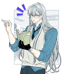 Rule 34 | 1boy, bandaged hand, bandages, black gloves, blue necktie, blue shirt, book, chalk, classroom, collared shirt, commentary request, glass, gloves, grey eyes, hands up, highres, holding, holding book, holding chalk, katekyo hitman reborn!, korean commentary, light frown, long hair, looking at viewer, male focus, mra bong, necktie, pants, parted lips, shirt, single glove, sleeves rolled up, solo, superbi squalo, teacher, upper body, vest, white hair, white vest
