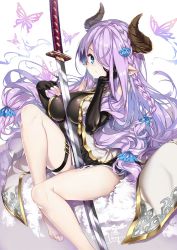 Rule 34 | between breasts, breasts, draph, elbow gloves, gloves, granblue fantasy, hair over one eye, hong (white spider), horns, katana, large breasts, light purple hair, long hair, narmaya (granblue fantasy), pointy ears, sword, weapon