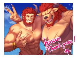 Rule 34 | 2boys, abs, alternate costume, animal ears, arm around shoulder, artist request, bara, bare pectorals, beard, brown fur, commission, cow ears, cow horns, dark-skinned male, dark skin, earrings, facial hair, fangs, fate/grand order, fate/zero, fate (series), furry, furry male, horns, iskandar (fate), jewelry, large pectorals, male focus, male swimwear, mature male, minotaur, multiple boys, muscular, muscular male, navel, nipples, pectorals, red hair, red male swimwear, red swim trunks, scar, scar on arm, scar on chest, scar on stomach, second-party source, short hair, skeb commission, stomach, swim trunks, swimsuit, upper body, v