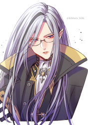 Rule 34 | 1boy, ascot, black coat, black hair, black vest, brooch, coat, commentary, cropped arms, cropped torso, earrings, english commentary, facing viewer, glasses, grey hair, high collar, highres, holostars, holostars english, jewelry, long hair, male focus, multicolored hair, noir vesper, parted bangs, parted lips, pointy ears, purple eyes, setuna kateibu, sideways glance, simple background, solo, streaked hair, twitter username, vest, virtual youtuber, white ascot, white background