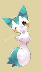 Rule 34 | animal focus, artist name, blank eyes, blue eyes, blush, blush stickers, creatures (company), from above, full body, game freak, gen 4 pokemon, green background, grin, happy, highres, looking at viewer, lying, nintendo, no humans, on back, one eye closed, pachirisu, pokemon, pokemon (creature), shira (sirairo116), signature, simple background, smile, solo, teeth, twitter username, wink, yellow background