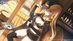 Rule 34 | 1girl, absurdres, adjusting clothes, adjusting headwear, azur lane, belt, bikini, bikini top only, black shorts, black thighhighs, blonde hair, boots, breasts, cape, cleavage, closed mouth, coin, collarbone, commentary, copyright name, cowboy hat, front-tie bikini top, front-tie top, green eyes, hat, highres, hornet (azur lane), large breasts, logo, long hair, looking at viewer, midriff, official art, shorts, simple background, smile, solo, swimsuit, thigh boots, thighhighs, twintails, wata (attaka towel), white thighhighs, yellow belt