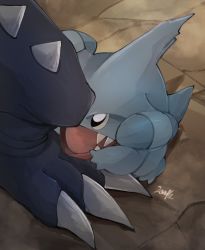 Rule 34 | black eyes, bright pupils, claws, commentary request, crack, cracked floor, creatures (company), evolutionary line, fangs, game freak, garchomp, gen 4 pokemon, gible, ni celery pk, nintendo, no humans, open mouth, pokemon, pokemon (creature), signature, spikes, tongue, white pupils