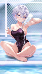 Rule 34 | 1girl, bare shoulders, blue eyes, blurry, blurry background, blush, bottle, breasts, cleavage, clothes pull, collarbone, competition swimsuit, covered navel, grey hair, grin, hair between eyes, haishiki, hand up, head tilt, highleg, highleg swimsuit, highres, holding, holding bottle, indian style, long bangs, looking at viewer, medium breasts, mole, mole under eye, one-piece swimsuit, one-piece swimsuit pull, original, poolside, short hair, sitting, smile, solo, strap slip, swimsuit, water, water bottle, wet