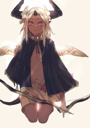 Rule 34 | 1girl, arrow (projectile), bow (weapon), closed mouth, dark skin, dark-skinned female, feathered wings, floral print, highres, holding, holding bow (weapon), holding weapon, horns, kneeling, long sleeves, looking at viewer, mini wings, multiple horns, navel, no bra, original, red eyes, signature, single horn, skirt, solo, spread wings, thigh gap, weapon, white background, white hair, white skirt, white wings, wings, yun-yang