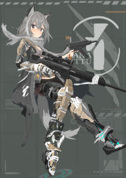 Rule 34 | 1girl, absurdres, animal ears, asymmetrical dual wielding, bandages, blush, character name, coat, dual wielding, floating, fox ears, grey hair, gun, hair strand, highres, holding, holding gun, holding weapon, jaana kettu, mechanical arms, mechanical legs, midriff, open clothes, open coat, original, scarf, short hair, simple background, single mechanical arm, solo, tail, turkeysand (fernandear 504), weapon, weapon request