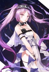 Rule 34 | 1girl, arm garter, artist name, bad id, bad pixiv id, bare arms, bare shoulders, bracelet, breasts, choker, cowboy shot, dress, emyo, euryale (fate), fate/hollow ataraxia, fate (series), finger to mouth, frilled choker, frilled dress, frilled hairband, frills, hairband, hand on own chest, jewelry, lolita hairband, long hair, looking at viewer, purple eyes, purple hair, sleeveless, sleeveless dress, small breasts, solo, twintails, very long hair, white dress
