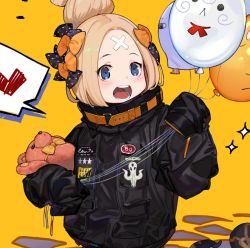 Rule 34 | abigail williams (fate), abigail williams (traveling outfit) (fate), bad id, bad twitter id, balloon, bandaid, bandaid on face, bandaid on forehead, black bow, black jacket, blonde hair, blue eyes, bow, fate/grand order, fate (series), jacket, official alternate costume, open mouth, orange bow, parted bangs, polka dot, polka dot bow, sleeves past wrists, solo, stuffed animal, stuffed toy, teddy bear, upper body, yuu (higashi no penguin)
