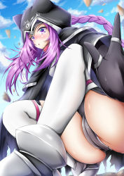 Rule 34 | 1girl, :o, absurdres, ass, black gloves, black leotard, blush, braid, breasts, cape, cloak, cloud, collar, day, fate/grand order, fate (series), gloves, highres, hood, leotard, long hair, looking away, medusa (fate), medusa (lancer) (fate), medusa (rider) (fate), outdoors, panties, parted lips, purple eyes, purple hair, rider, sidelocks, signature, sky, small breasts, solo, takemura kou, thighhighs, thighs, underwear, very long hair, white thighhighs