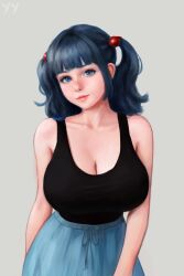Rule 34 | 1girl, bad anatomy, bare arms, bare shoulders, blue eyes, blue hair, blue skirt, blunt bangs, breasts, cleavage, closed mouth, collarbone, contrapposto, cowboy shot, drawstring, freckles, grey background, hair bobbles, hair ornament, highres, huge breasts, kawashiro nitori, light smile, long hair, looking at viewer, non-web source, realistic, self-upload, sidelocks, simple background, skirt, solo, tank top, touhou, yyf (seaknight)