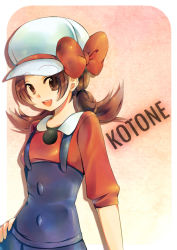 Rule 34 | 00s, 1girl, brown eyes, brown hair, cabbie hat, character name, creatures (company), game freak, hand on own hip, hat, hat ribbon, hip focus, lyra (pokemon), nintendo, open mouth, pokemon, pokemon hgss, red ribbon, ribbon, smile, solo, suspenders, tachiuo (arines), twintails