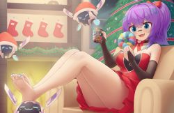 Rule 34 | 1girl, :d, ahoge, bad id, bad pixiv id, bagel, bandage on face, bandages, bandaid, bandaid on face, bandaid on nose, bare shoulders, barefoot, black gloves, blue eyes, blue nails, breasts, choker, christmas, christmas tree, coffee cup, collarbone, commentary, copyright name, couch, cup, detached sleeves, disposable cup, dress, elbow gloves, english commentary, fang, feet, fingerless gloves, fingernails, food, footrest, full body, gloves, hair ribbon, highres, holding, holding cup, hungrydurp, indie virtual youtuber, looking at food, medium breasts, melody (projektmelody), nail polish, open mouth, ponytail, purple hair, red dress, red ribbon, ribbon, sitting, smile, soles, t0m (projektmelody), thighs, toenail polish, toenails, toes, virtual youtuber, vshojo