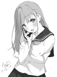 Rule 34 | 1girl, artist name, blush, covered erect nipples, dated, fellatio gesture, greyscale, hand up, highres, long hair, long sleeves, looking at viewer, md5 mismatch, monochrome, original, resolution mismatch, school uniform, serafuku, sexually suggestive, signature, simple background, sketch, smile, solo, source smaller, tabata hisayuki, tongue, tongue out, upper body
