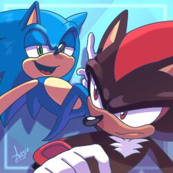Rule 34 | 2boys, angiethecat, black fur, blue fur, dated, furry, furry male, gloves, green eyes, highres, looking at another, multiple boys, open mouth, red eyes, red fur, shadow the hedgehog, signature, sonic (series), sonic the hedgehog, two-tone fur, white gloves