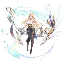 Rule 34 | 1girl, artist request, atelier (series), atelier ryza, atelier ryza 2, azur lane, blonde hair, blush, bow (weapon), breasts, cleavage, green eyes, hair ornament, hairband, high heels, highres, holding, holding weapon, klaudia valentz, large breasts, long hair, long skirt, looking at viewer, official art, pantyhose, rigging, side slit, skirt, sleeveless, smile, solo, thigh strap, weapon