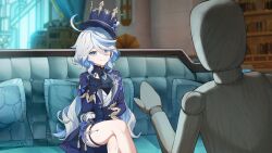 Rule 34 | 1girl, absurdres, ahoge, ascot, asymmetrical gloves, black gloves, blue brooch, blue eyes, blue hair, blue hat, blue jacket, couch, crossed legs, drop-shaped pupils, furina (genshin impact), genshin impact, gloves, hair between eyes, hat, heterochromia, highres, jacket, light blue hair, lizhilv, long hair, long sleeves, mannequin, mismatched gloves, mismatched pupils, multicolored hair, shorts, sitting, smile, solo, streaked hair, symbol-shaped pupils, top hat, white gloves, white hair, white shorts