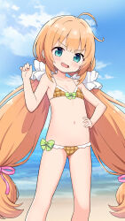 Rule 34 | 1girl, beach, bikini, blue eyes, blush, bow, bow bikini, collarbone, commentary request, commission, feet out of frame, flat chest, flower knight girl, frilled bikini, frills, hand on own hip, hand up, highres, long hair, looking at viewer, macadamia (flower knight girl), navel, open mouth, orange bikini, orange hair, paid reward available, plaid, plaid bikini, skeb commission, solo, swimsuit, twintails, variant set, very long hair, yuuma (skirthike)