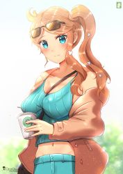 Rule 34 | 1girl, artist logo, artist name, bag, between breasts, blue eyes, blush, breasts, chinchongcha, cleavage, coat, coffee cup, collarbone, cowboy shot, creatures (company), crop top, cup, day, denim, disposable cup, drinking straw, eyewear on head, game freak, hair ornament, handbag, heart, heart hair ornament, highres, jeans, long hair, looking at viewer, medium breasts, midriff, navel, nintendo, off shoulder, orange hair, outdoors, pants, parody, parted bangs, pokemon, pokemon swsh, ribbed shirt, shirt, side ponytail, smile, solo, sonia (pokemon), starbucks, strap between breasts, sunglasses, sunglasses on head, sunlight