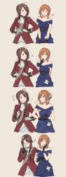 Rule 34 | 2girls, :d, ?, ^ ^, absurdres, arm grab, black gloves, blue dress, blush, braid, breasts, brown hair, cleavage, closed eyes, coat, collarbone, comic, dress, duoyuanjun, embarrassed, evening gown, facepalm, flower, french braid, girls&#039; frontline, gloves, green eyes, grin, hair between eyes, hair bun, hair flower, hair ornament, hairband, hand on own face, heart, highres, lee-enfield (girls&#039; frontline), locked arms, long sleeves, multiple girls, official alternate costume, open mouth, pants, parted bangs, personification, red coat, role reversal, short hair, single hair bun, smile, springfield (girls&#039; frontline), springfield (queen in radiance) (girls&#039; frontline), strapless, strapless dress, upper body, white gloves, white pants, yuri