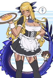 Rule 34 | 1boy, 1girl, alternate costume, apron, blonde hair, breasts, brown hair, chaldea uniform, chibi, cleavage, dragon girl, dragon horns, dragon tail, dress, enmaided, fate/grand order, fate (series), food, frilled apron, frills, fujimaru ritsuka (male), highres, holding, holding plate, holding tray, horns, ketchup, large breasts, looking at viewer, maid, maid apron, omelet, omurice, parody, plate, puffy sleeves, riyo (lyomsnpmp) (style), sanmoto gorouzaemon, sharp teeth, skirt, smile, style parody, tail, teeth, thighhighs, tray, vritra (fate), waist apron, white apron, yellow eyes