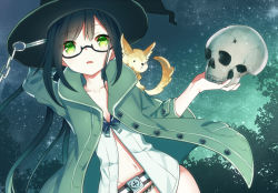 Rule 34 | 1girl, bad id, bad pixiv id, belt, black hair, chain, coat, collarbone, dutch angle, fox, green eyes, hat, holding, holding skull, long hair, matsuha shuu, navel, on shoulder, open clothes, open coat, original, parted lips, sidelocks, skull, sky, solo, star (sky), starry sky, witch, witch hat