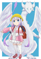 Rule 34 | 10s, 1girl, absurdres, aqua eyes, backpack, bag, blue background, blue eyes, blush, capelet, closed mouth, dragon, dual persona, expressionless, hat, head tilt, highres, horns, jitome, kanna kamui, kanna kamui (dragon) (maidragon), kobayashi-san chi no maidragon, light purple hair, long hair, long sleeves, low twintails, multicolored hair, outside border, outstretched arm, randoseru, red footwear, school hat, shoes, shokupan (qjejp), skirt, thighhighs, thighs, twintails, two-tone hair, very long hair, white thighhighs, wings, yellow hat, zettai ryouiki