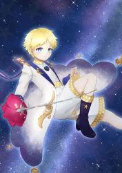 Rule 34 | 1boy, absurdres, alternate costume, baggy clothes, blonde hair, blue eyes, blush, bright pupils, fate/grand order, fate/requiem, fate (series), flower, formal, full body, glowing, highres, holding, looking at viewer, male focus, parted bangs, rose, scarf, shoes, shorts, sky, smile, solo, space, star (sky), star (symbol), starry background, starry sky, thorns, truemimei, voyager (fate), voyager (second ascension) (fate), yellow scarf