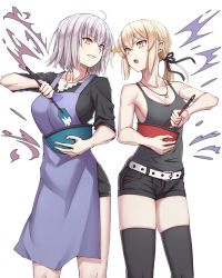 Rule 34 | 2girls, :o, ahoge, apron, artoria pendragon (all), artoria pendragon (fate), bad id, bad twitter id, bare back, bare shoulders, belt, belt buckle, black legwear, black ribbon, black shirt, black shorts, blouse, blush, bow, breasts, buckle, cleavage, collarbone, cowboy shot, dough, eye contact, fate/grand order, fate (series), hair ribbon, heart, holding, holding bow (ornament), jeanne d&#039;arc (fate), jeanne d&#039;arc alter (avenger) (fate), jeanne d&#039;arc alter (fate), jewelry, long hair, looking at another, low ponytail, medium breasts, michihasu, multiple girls, necklace, official alternate costume, open mouth, parted lips, pendant, purple apron, ribbon, saber alter, saber alter (ver. shinjuku 1999) (fate), shirt, short hair, shorts, sideboob, silver hair, simple background, sleeveless, sleeves pushed up, standing, tank top, thighhighs, white background, yellow eyes