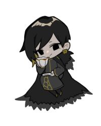 Rule 34 | 0o0onnk, 1girl, binah (project moon), black cape, black dress, black eyes, black hair, blonde hair, cape, chibi, colored inner hair, cup, dress, fur-trimmed cape, fur trim, gold trim, hexagon print, holding, holding cup, holding plate, lobotomy corporation, long sleeves, looking at viewer, medium hair, multicolored hair, plate, project moon, simple background, solo, white background