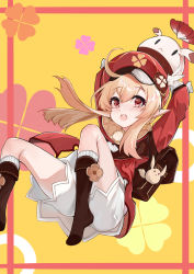 Rule 34 | 1girl, absurdres, ahoge, backpack, bag, blonde hair, bloomers, brown socks, chikage (artist), commentary request, full body, genshin impact, hat, hat feather, highres, klee (genshin impact), looking at viewer, medium hair, no shoes, open mouth, pointy ears, red eyes, red hat, socks, solo, underwear, white bloomers