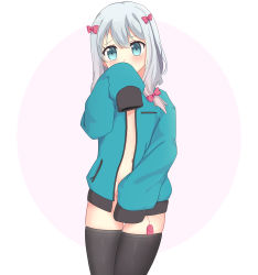 Rule 34 | 1girl, absurdres, amrb, black socks, black thighhighs, blue eyes, blush, bow, clothed masturbation, covering crotch, covering own mouth, covering privates, cowboy shot, dot nose, egg vibrator, embarrassed, eromanga sensei, female masturbation, green sweater, grey hair, hair between eyes, hair bow, hair ornament, hiding, highres, izumi sagiri, looking at viewer, masturbation, midriff, midriff peek, navel, nervous, open clothes, open sweater, pink background, pink bow, remote vibrator, self-upload, sex toy, shy, simple background, skindentation, sleeves past wrists, socks, solo, standing, stomach, sweater, thighhighs, vibrator, vibrator in thighhighs