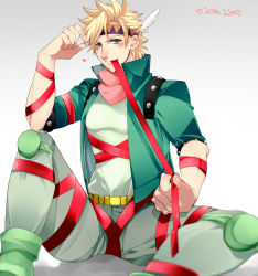 Rule 34 | 1boy, blonde hair, caesar anthonio zeppeli, facial mark, feather hair ornament, feathers, fingerless gloves, gloves, green eyes, green jacket, haine (howling), feather hair ornament, headband, jacket, jojo no kimyou na bouken, male focus, ribbon, solo