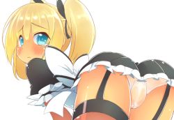 Rule 34 | 1girl, ass, bad id, bad pixiv id, beiruto, bent over, blonde hair, blue eyes, blush, fallout (series), fallout 3, fallout: new vegas, fat mons, frown, garter straps, looking back, maid, owata-ko, see-through, simple background, solo, tears, thighhighs, twintails