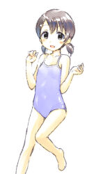 Rule 34 | 1girl, barefoot, black eyes, black hair, blue one-piece swimsuit, blush, flat chest, foot out of frame, hair ornament, idolmaster, idolmaster cinderella girls, kawaseki, looking at viewer, one-piece swimsuit, open mouth, rabbit hair ornament, sasaki chie, school swimsuit, short hair, short twintails, simple background, sketch, smile, solo, swimsuit, twintails, white background