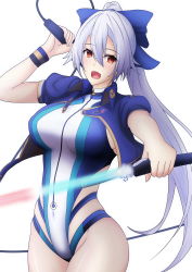 Rule 34 | 1girl, absurdres, aoi tabane, blue bow, blue jacket, blue one-piece swimsuit, bow, breasts, commentary request, competition swimsuit, cropped jacket, dual wielding, energy sword, fate/grand order, fate (series), hair bow, highleg, highleg swimsuit, highres, holding, holding sword, holding weapon, jacket, large breasts, long hair, mitsudomoe (shape), multicolored clothes, multicolored swimsuit, one-piece swimsuit, ponytail, red eyes, short sleeves, silver hair, slit pupils, solo, swimsuit, sword, tomoe (symbol), tomoe gozen (fate), tomoe gozen (swimsuit saber) (fate), tomoe gozen (swimsuit saber) (first ascension) (fate), very long hair, weapon, white background, white one-piece swimsuit
